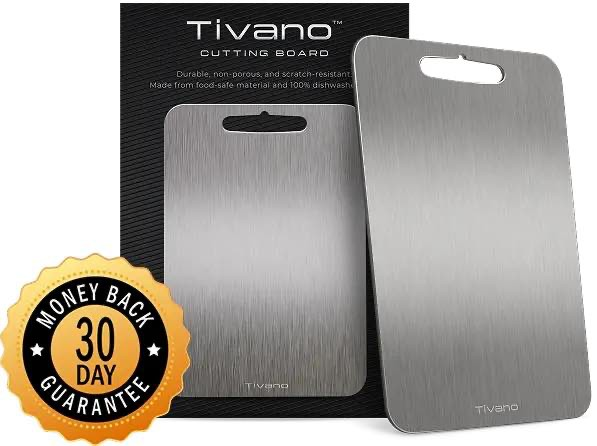 Tivano cutting board with its black packaging and guarantee badge